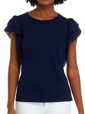 Crown & Ivy Short Ruffle Sleeve Eyelet Top XXL